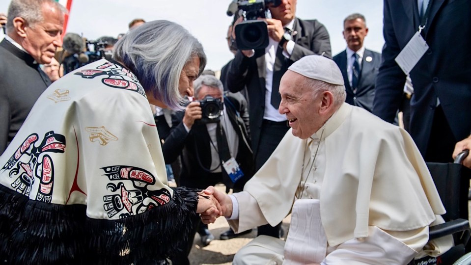 Governor General Mary Simon welcomes the Pope to Canada on July 24, 2022, in a photo posted to the governor general's Facebook page