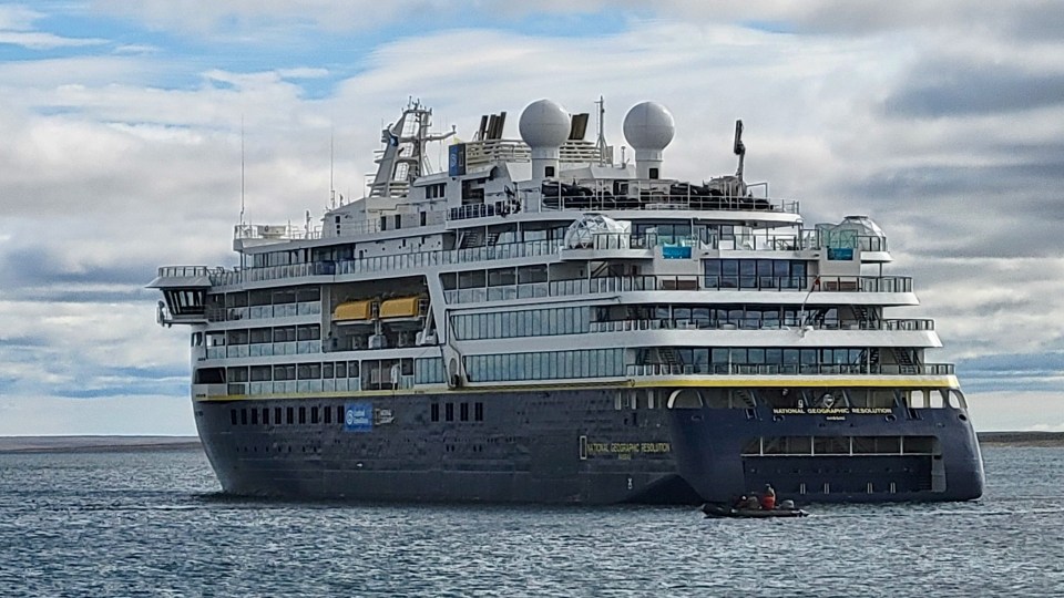 The cruise ship National Geographic Resolution off Cambridge Bay on July 29, 2022