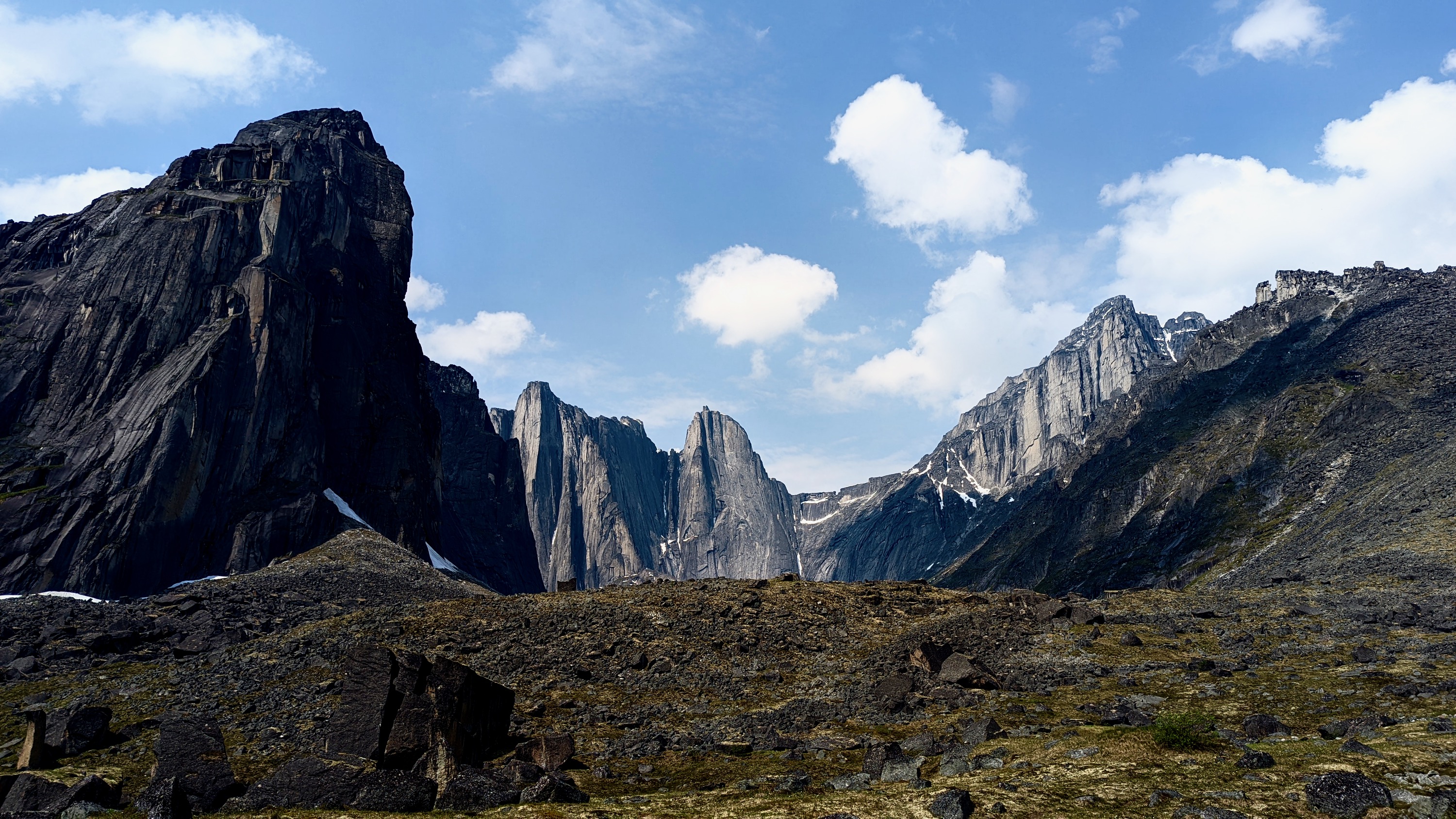 From left to right: the East Huey Spire, Lotus Flower Tower, Parrot Beak Peak, and Mt Sir James MacBrien in July 2022