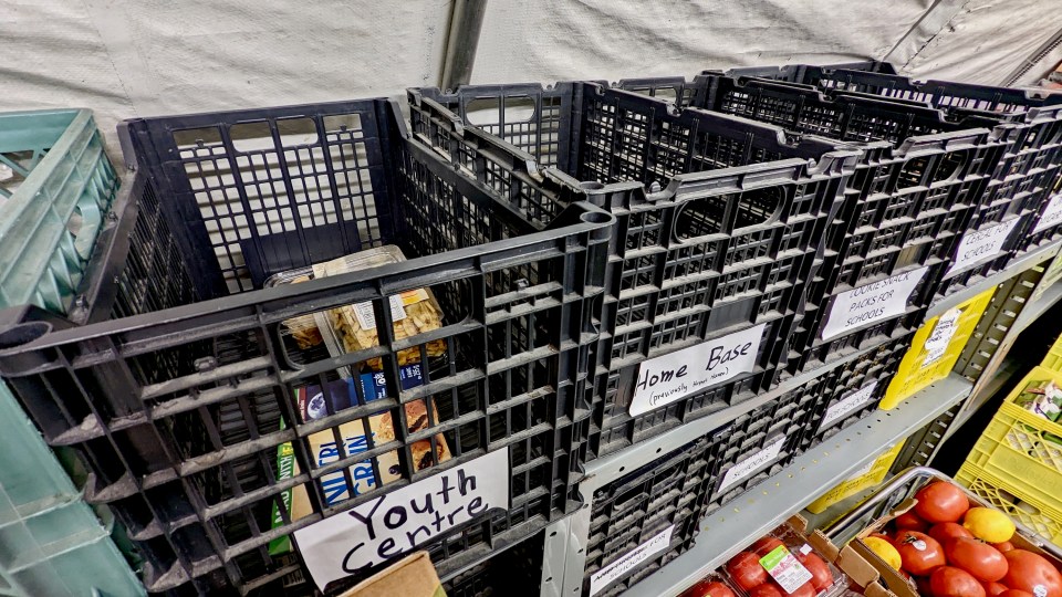 Crates awaiting food before being sent out to local groups