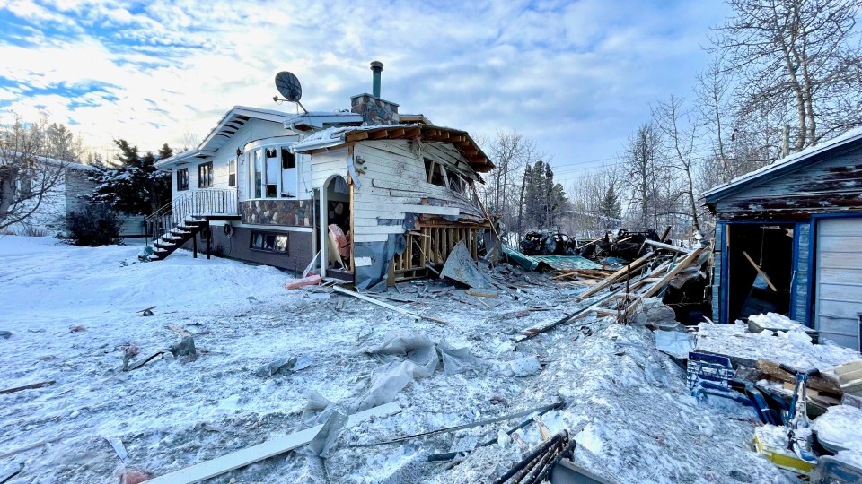 Wreckage where a garage previously stood on Beaver Crescent following an explosion on November 26, 2022