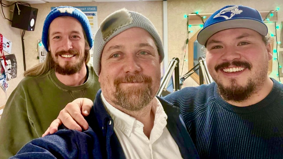 Loren McGinnis, centre, with Scott Letkeman (left) and Jesse Wheeler during his final week of broadcasting at CBC North