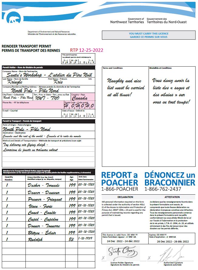 A "reindeer transport permit" for Santa Claus published by the NWT government in December 2022