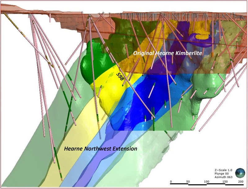 An image provided by Mountain Province shows the existing Hearne open pit at Gahcho Kué (in brown shading) with the known ore body in solid colours and the extension in faded colours