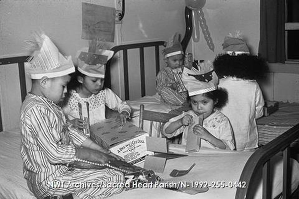 A Fort Simpson "patients' party" at RC St Margaret's Hospital on Christmas Day 1956