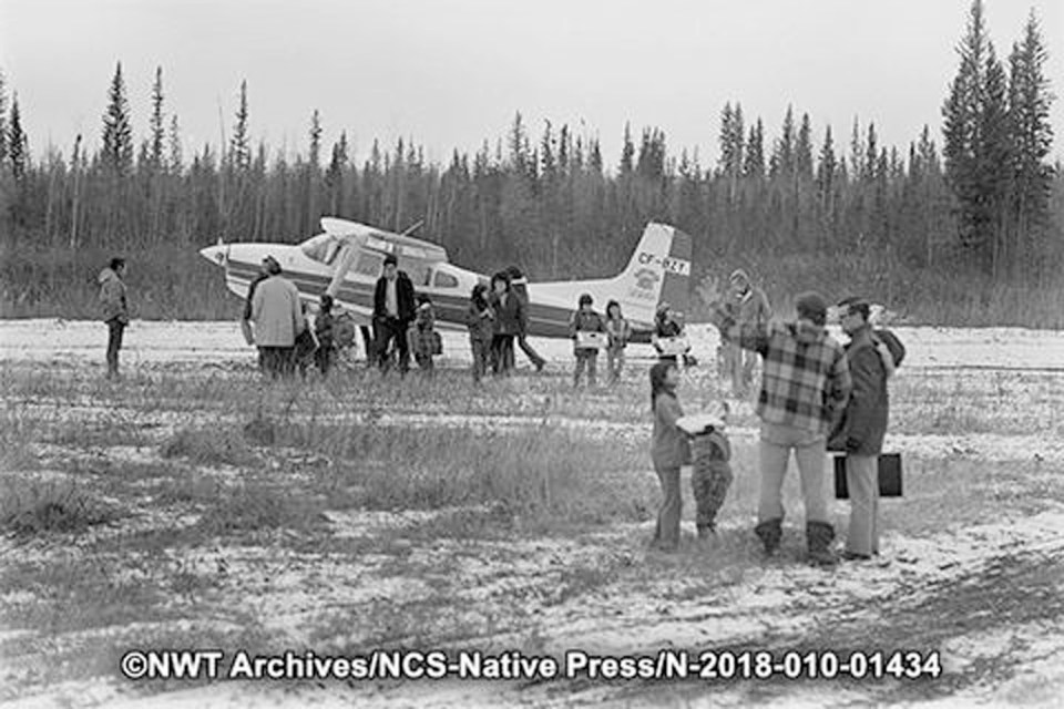 A treaty party arrives in Jean Marie River in October 1973