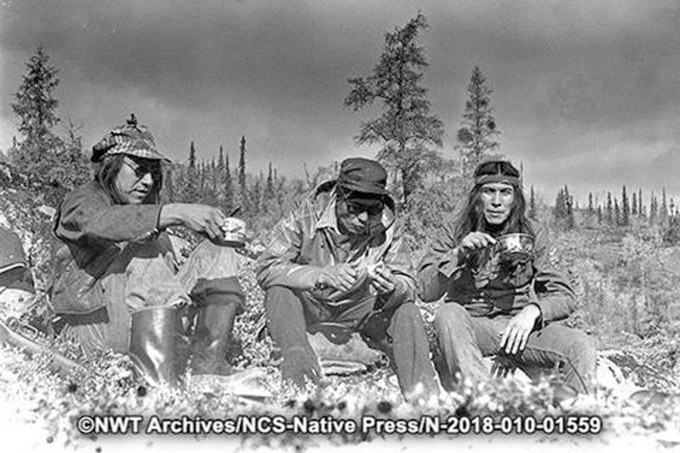 Felix Lockhart, Louis Abel and Johnny Catholique on a caribou hunt along the East Arm of Great Slave Lake in 1973