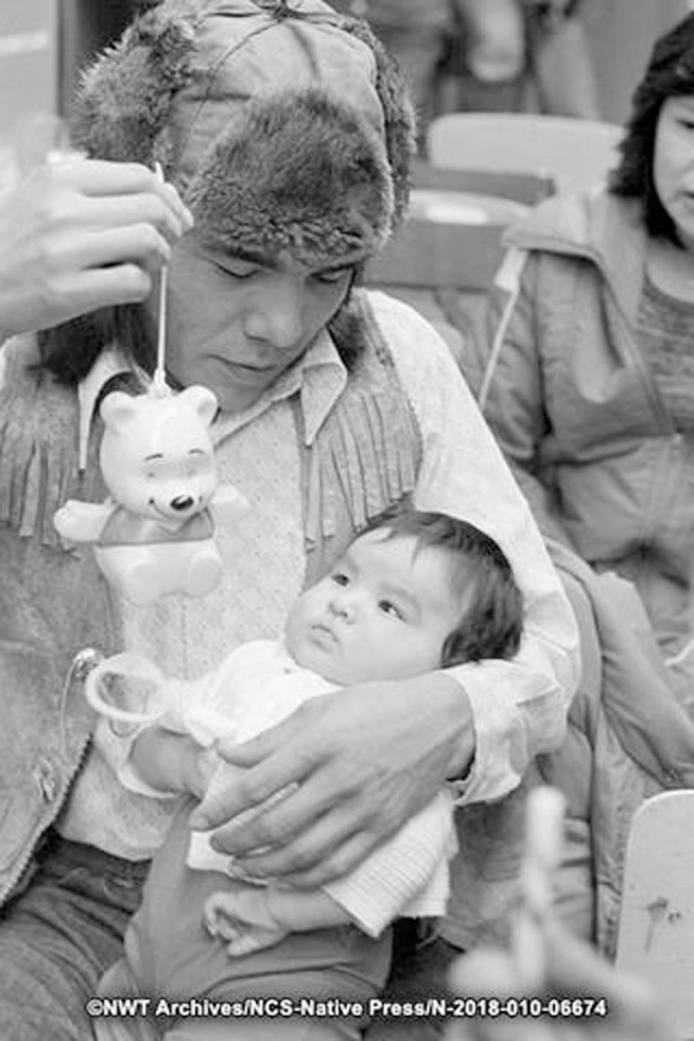 George and Leo Tatsiechele at the Dettah Christmas party in 1979