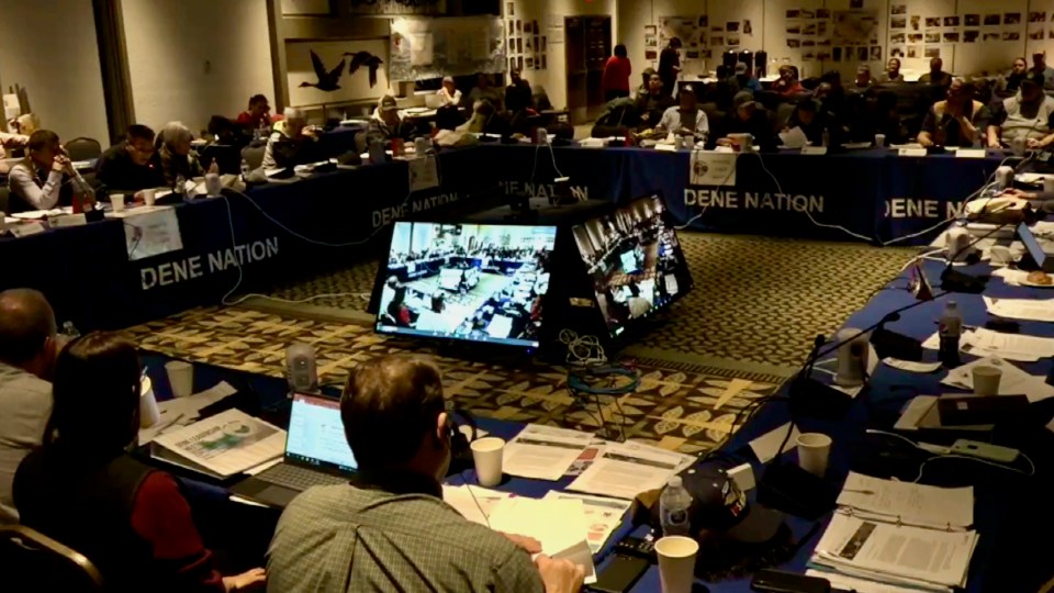 A still from a live stream of a Dene Nation meeting in December 2022