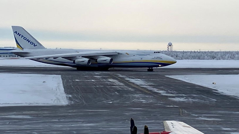 An image posted online by Yellowknife Airport shows an Antonov An-124 at the airport on January 6, 2023