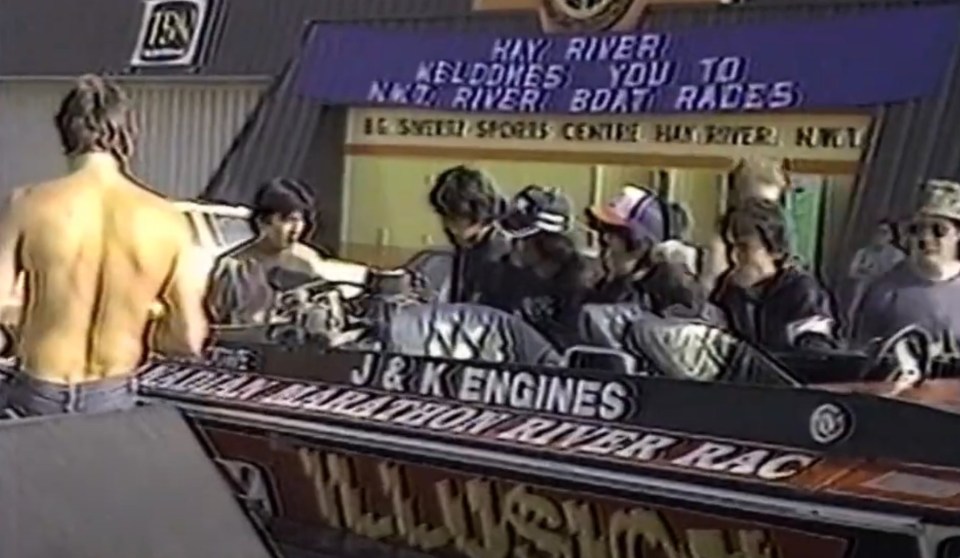 Residents inspect a jet boat in 1986