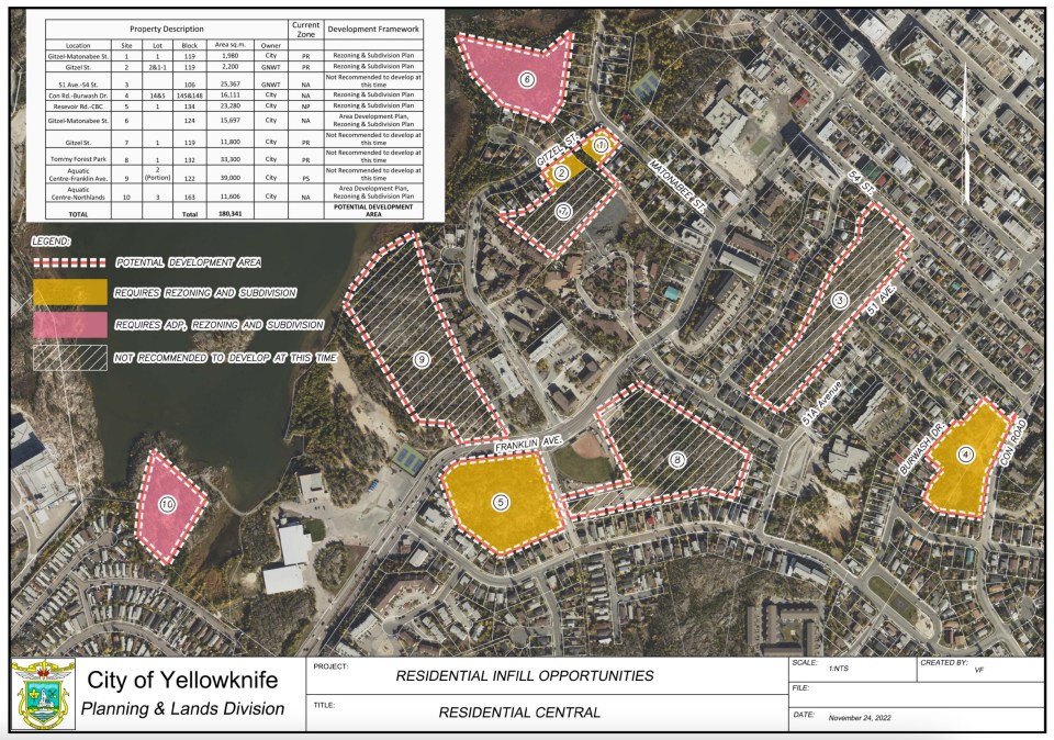 A City of Yellowknife map shows possible housing development sites in central Yellowknife.