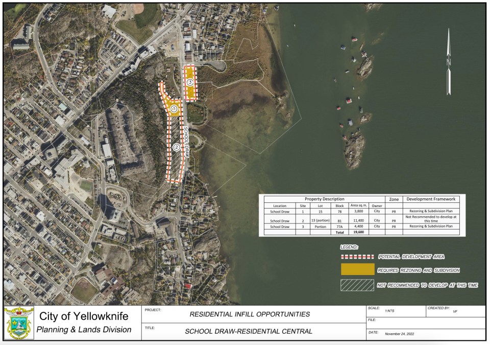 A City of Yellowknife map shows possible housing development sites along School Draw Avenue.