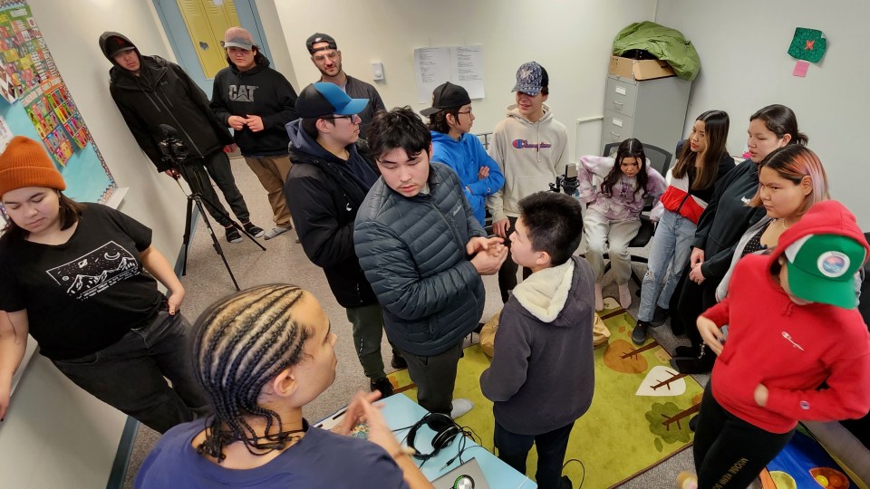 Moose Kerr School students recording together with N'we Jinan music producers