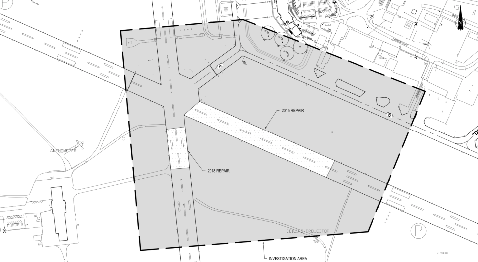 A GNWT map shows a plan of Yellowknife Airport and two sections of runway that required recent repair work