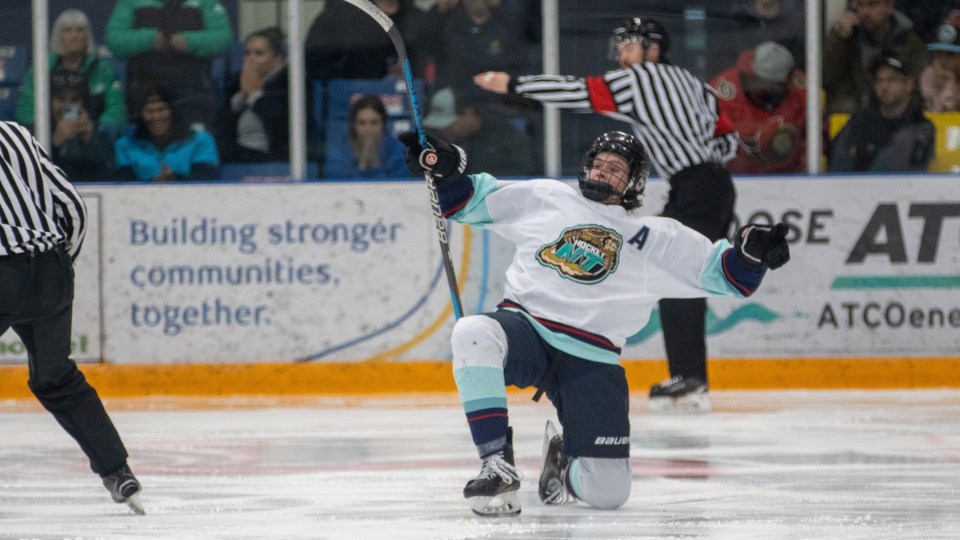 Callum MacLean celebrates scoring the game-winning goal against Alberta North. Ollie Williams/Team NT