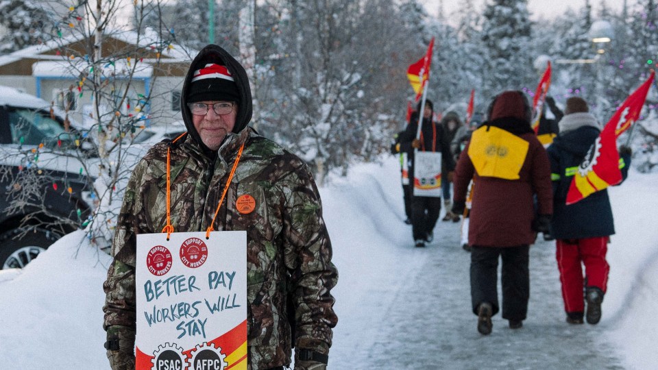 Municipal workers on a picket line in Yellowknife on February 8