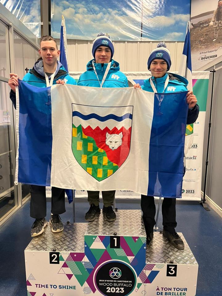 From left: Lochlan Dunn, Sage Acorn and Byran Clinton on the 777m speed skating podium