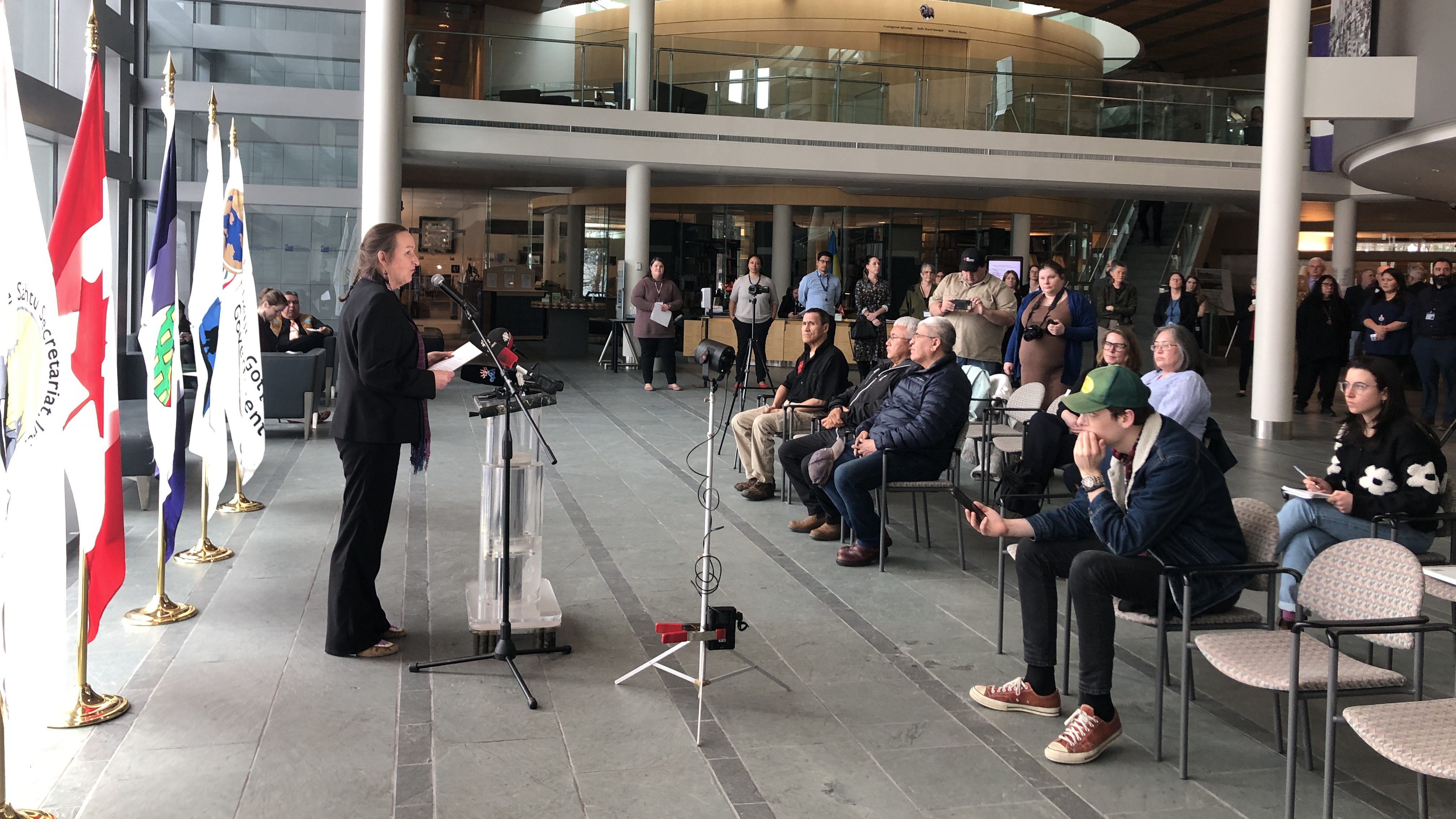 Premier Caroline Cochrane addresses attendees at March 29, 2023 news conference