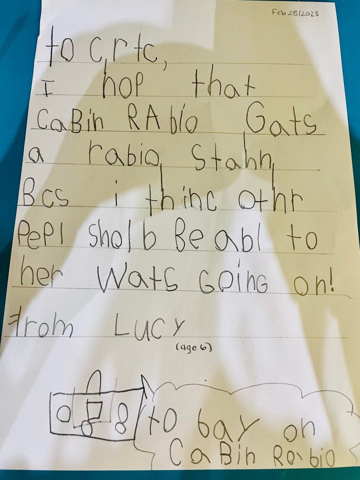 A letter of support from a six-year-old received by Cabin Radio on Tuesday. ("She wasn't coerced," the parents insisted.) 