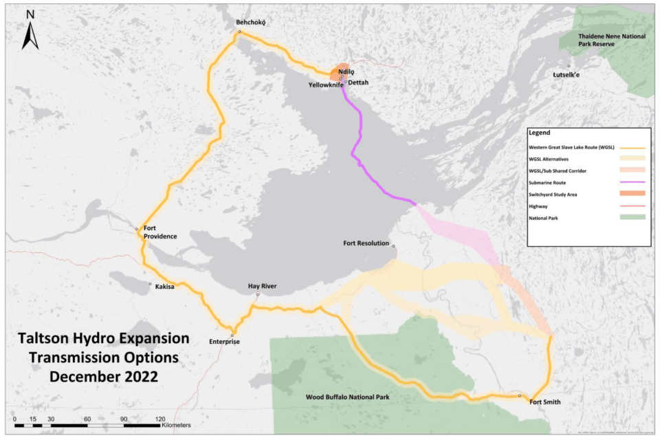 A GNWT map shows potential routes for a Taltson expansion transmission line