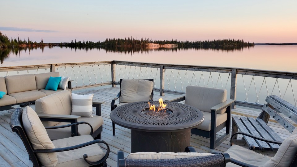 Nonacho Lake Lodge's deck at sunset