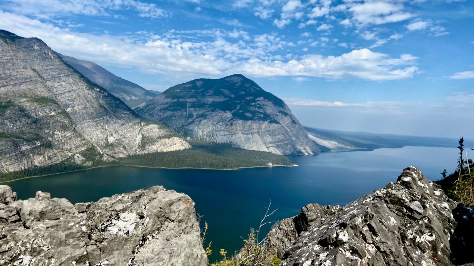 The view from Mt Cli across the lake to North Nahanni Naturalist Lodge
