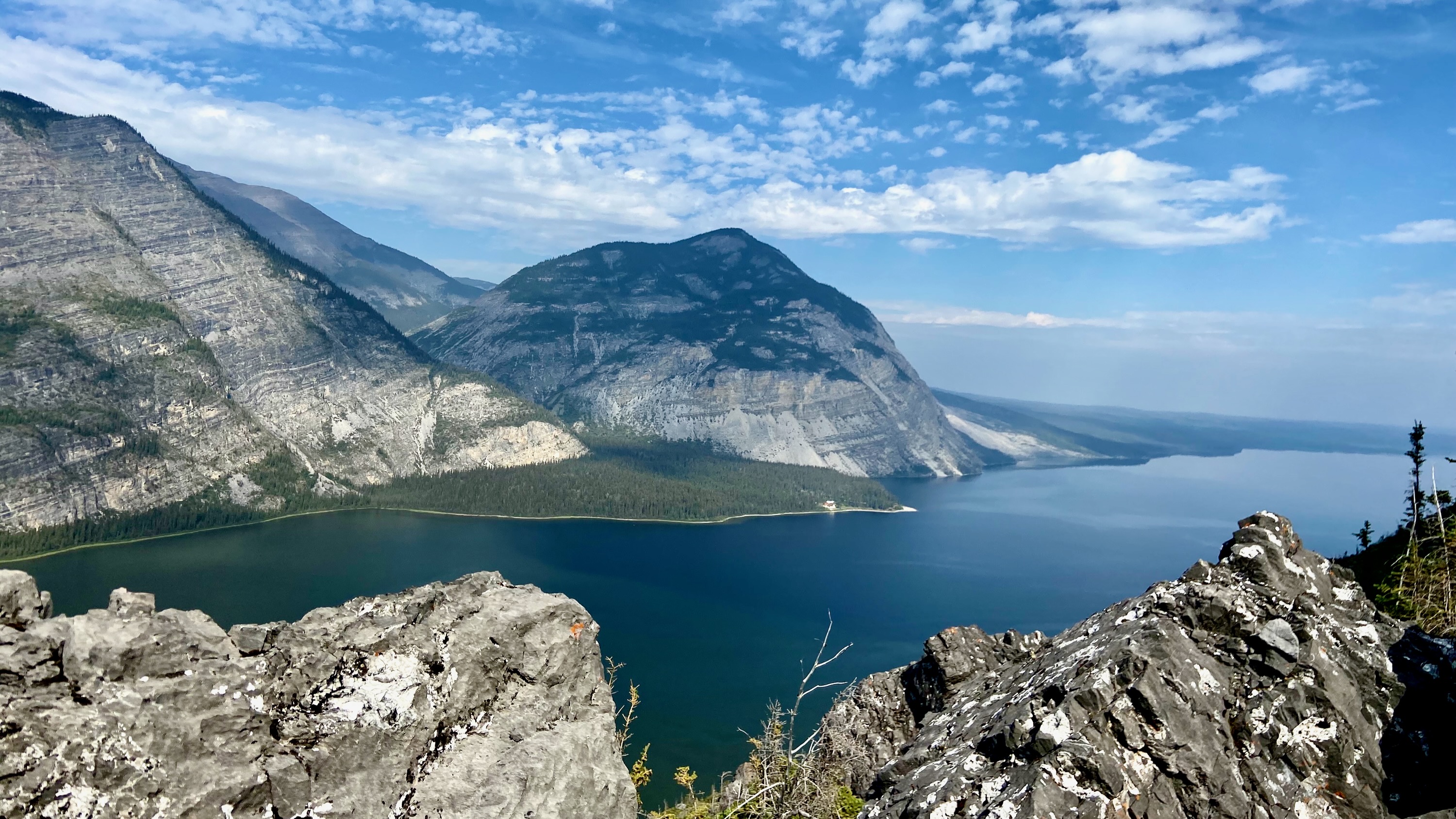 The view from Mt Cli across the lake to North Nahanni Naturalist Lodge
