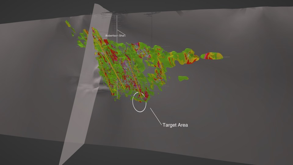 A Gold Terra graphic shows a target drilling area beneath the Con Mine's Robertson shaft