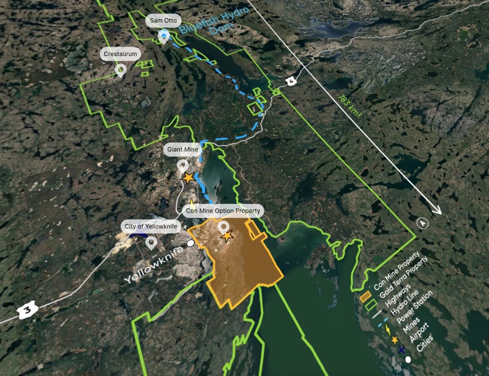A Gold Terra graphic shows the Con Mine property, in Yellow, and Gold Terra's other properties outlined in green