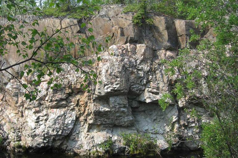 The Moose 2 pegmatite near the old DeStaffany Mine on the shores of Great Slave Lake. It's one of a number of lithium prospecting targets around Yellowknife