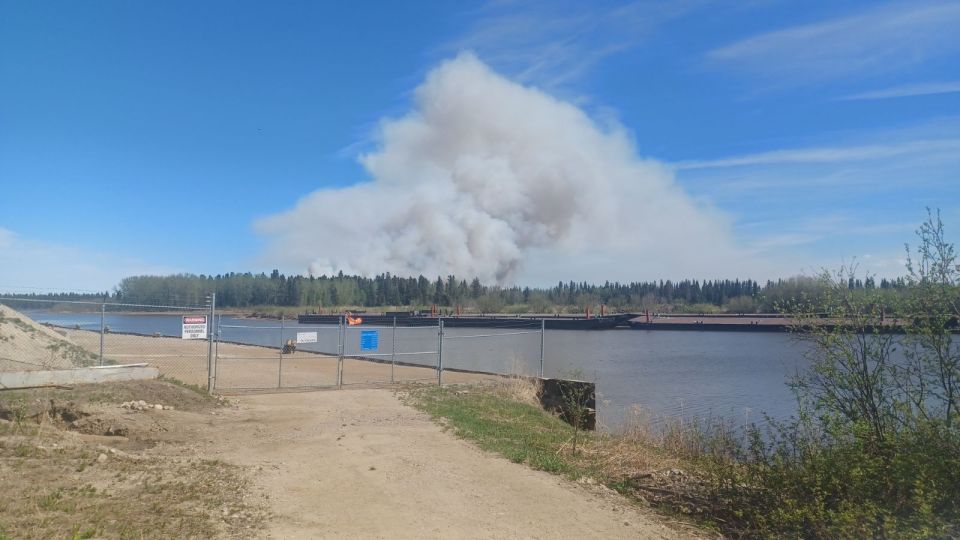A wildfire near the Kátł’odeeche First Nation on May 14, 2023 is seen in a photo submitted by Wally Schumann