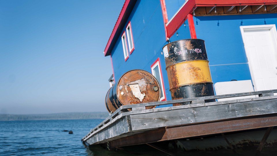 Drums on the deck of the listing Big Blue. Sarah Pruys/Cabin Radio