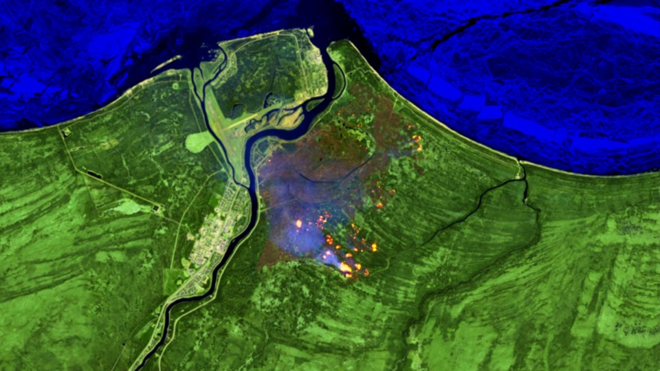 The Hay River-KFN wildfire is seen in a false-colour Sentinel-2 satellite image on May 17, 2023