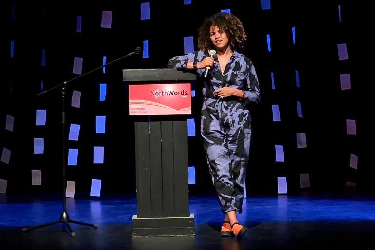Britta B speaking at the 2023 NorthWords gala