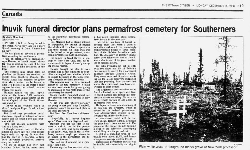 A scan of a 1988 Canadian Press article, published in the Ottawa Citizen, about a planned "permafrost cemetery" in Inuvik