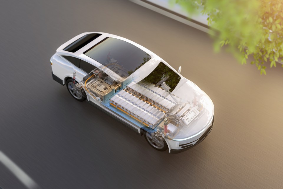 A 3D rendering shows an example of battery pack layout inside an electric vehicle