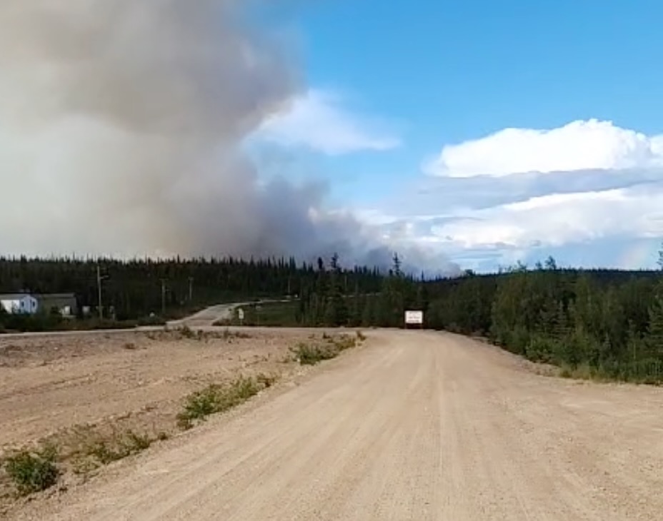 A wildfire outside Wekweètì on June 28, 2023 is seen in a still from a video taken by Pamela Lamouelle.
