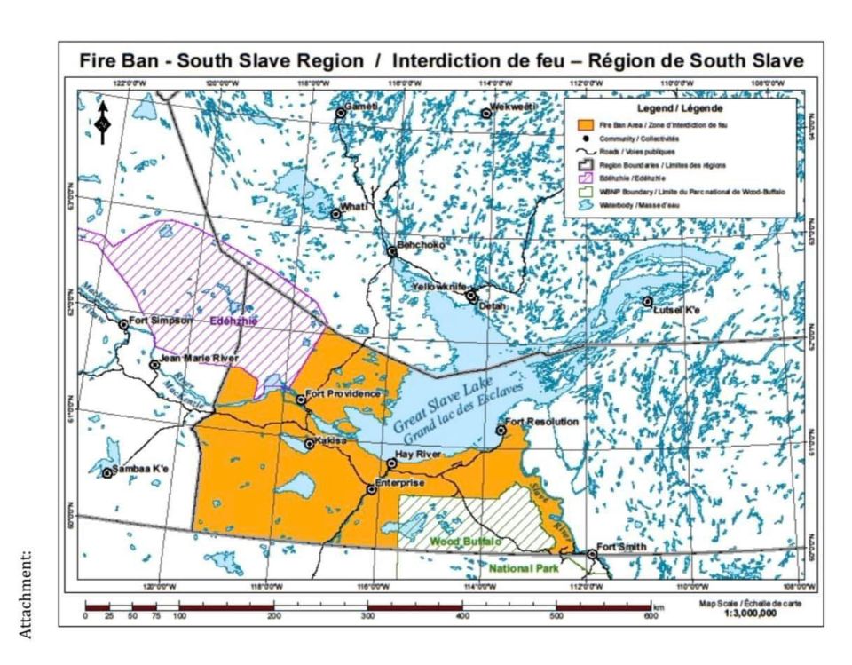 A map of areas affected by the fire ban, as sent to the NWT Métis Nation and published on its Facebook page.