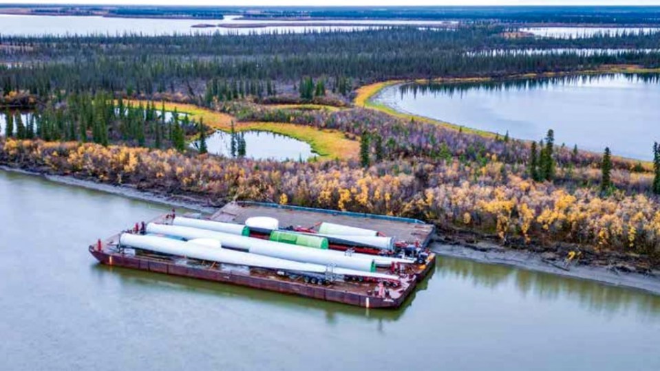 Wind turbine parts being barged to Inuvik. Photo: GNWT