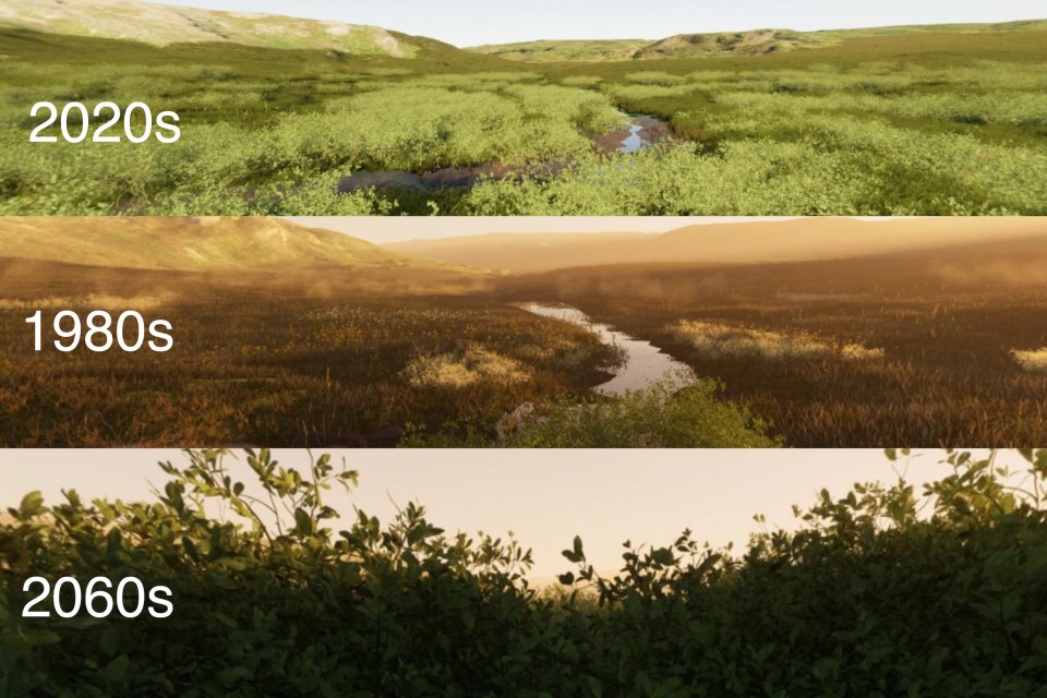 Increasing shrub encroachment as seen in the virtual environment, including a projection to what 2060 might look like. Photo: Qikiqtaruk: Arctic at Risk