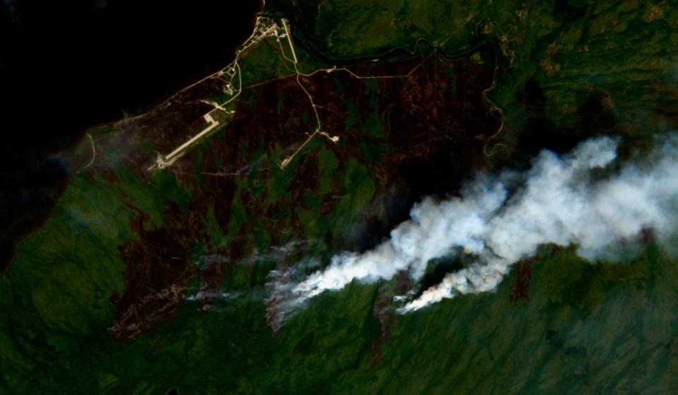 Fire smoke on the southern edge of Sambaa K'e is seen in a Sentinel-2 satellite image from July 1, 2023.