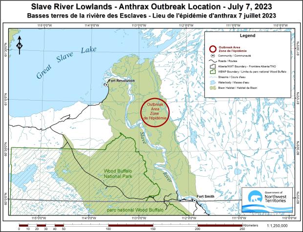 A GNWT map shows, in a red circle, the location of the current bison anthrax outbreak.