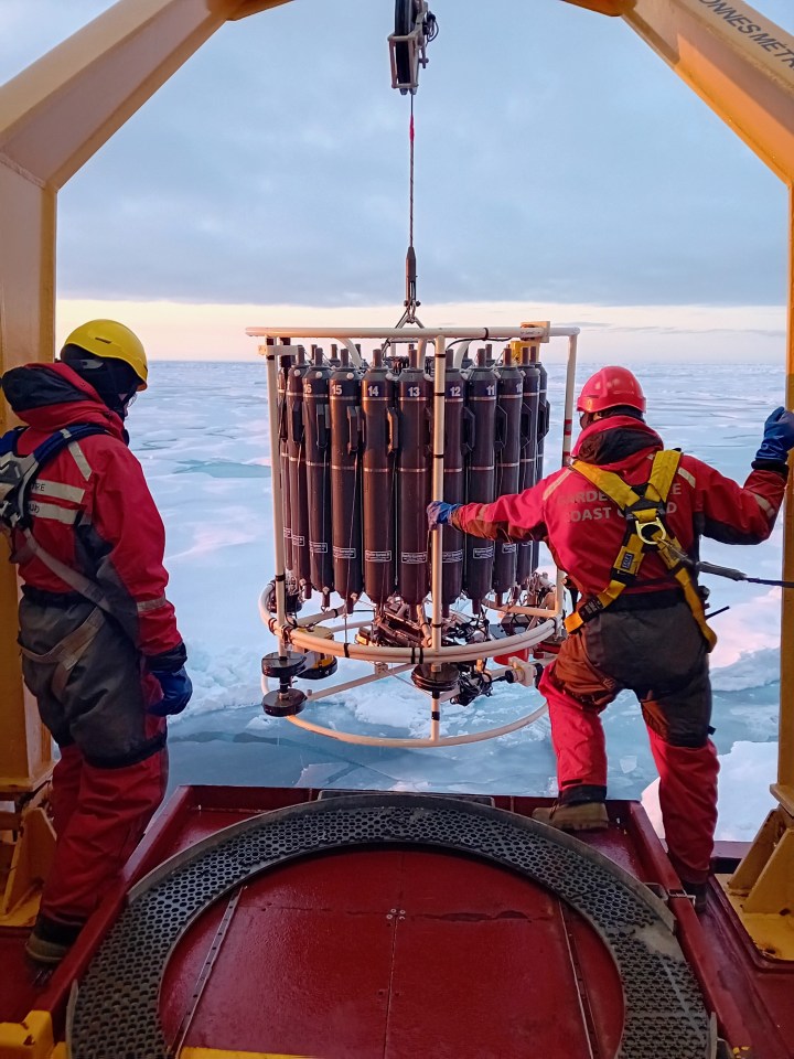 A device known as a CTD-Rosette gathers water samples from various depths of the ocean and measures its properties. Photo: Amundsen Science