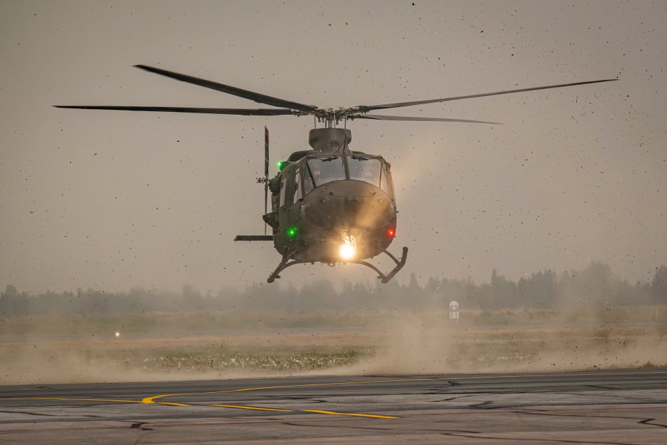 A CH-146 Griffon helicopter lands at the Yellowknife airport in support of Operation Lentus on August 14, 2023. Photo: Master Corporal Alana Morin, Joint Task Force North, Canadian Armed Forces