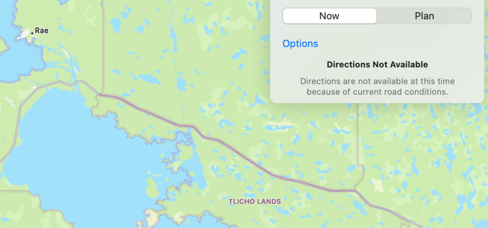 An Apple Maps screengrab shows an error message produced when trying to navigate to or from Yellowknife.