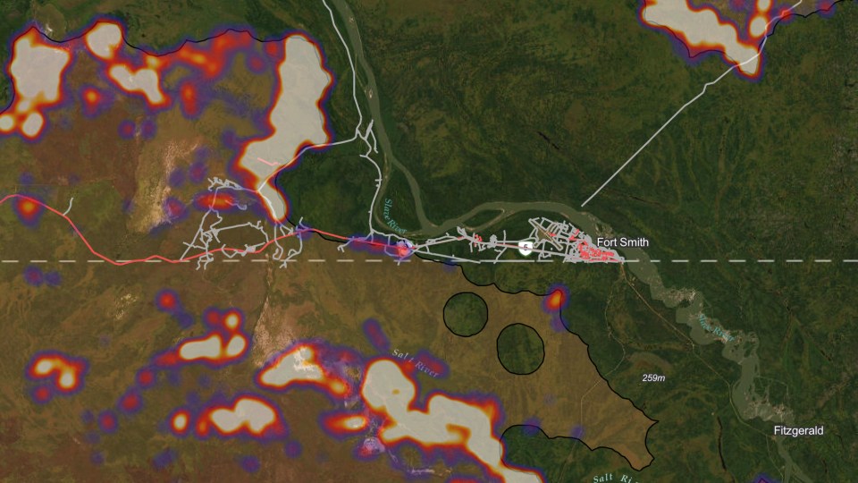 The Wood Buffalo Complex is seen in a map of fire hot-spots and burn area as of August 30, 2023.