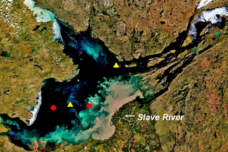 A map of sediment core locations in Great Slave Lake from 2014 (red dots) and from the 1990s (yellow triangles). Photo: Copernicus Sentinel-2A imagery