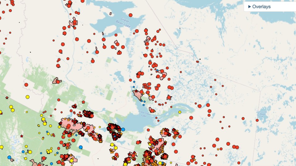 A screenshot of the Canadian Wildland Fire Information System (CWFIS) interactive map from August 25, 2023. Photo: https://cwfis.cfs.nrcan.gc.ca/interactive-map