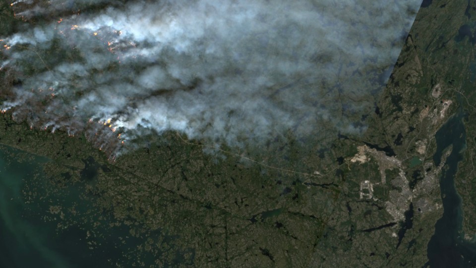 An August 22, 2023 screengrab of fire ZF015, which is about 15 km west of Yellowknife. Photo: Sentinel Hub Playground